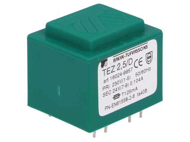 Transformator: ingegoten; 2,5VA; 230VAC; 24V; 104,1mA; PCB; IP00 Transformator: ingegoten; 2,5VA; 230VAC; 24V; 104,1mA; PCB; IP00